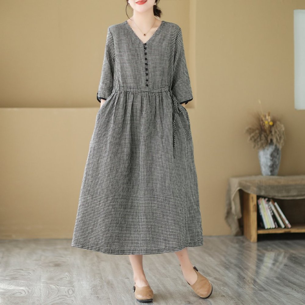 Cotton Linen Midi Dress Plaid, Midi Swing Dress Casual